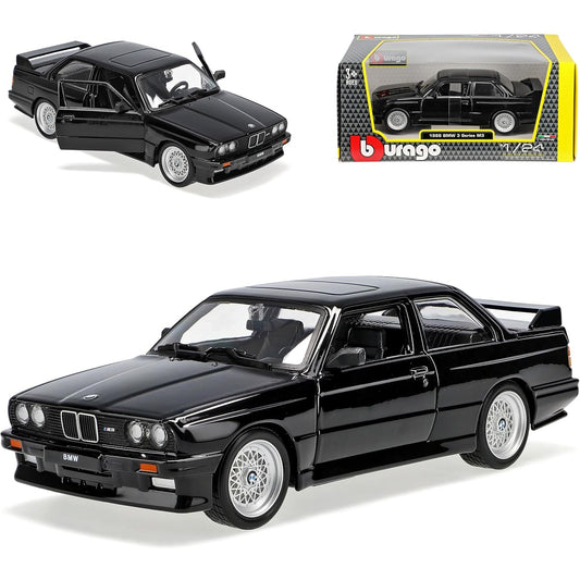 Bburago 1:24 scale die-cast model of the BMW 3 Series E30 M3 Coupe in black with realistic detailing