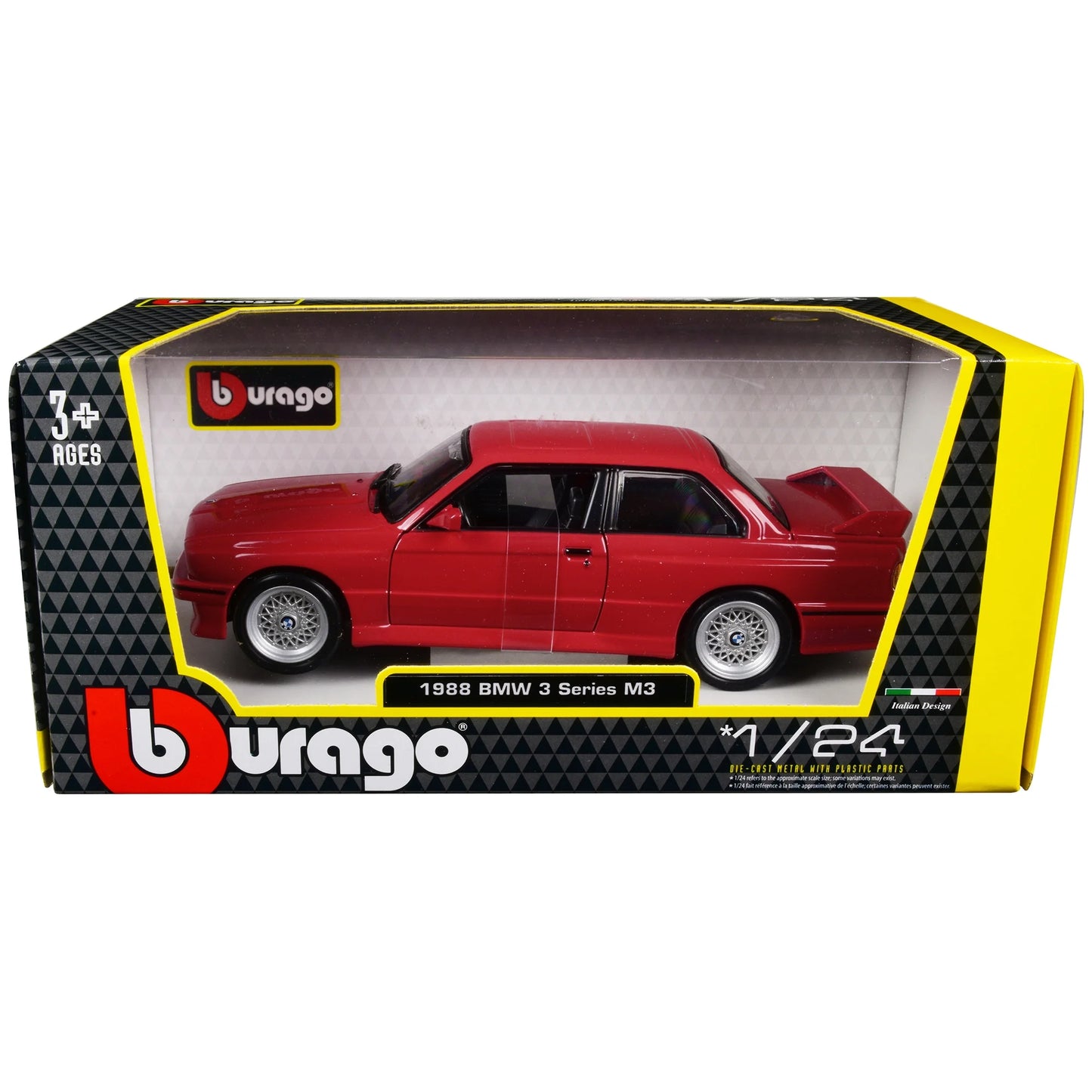 Bburago 1:24 scale die-cast model of the BMW 3 Series E30 M3 Coupe in red with realistic detailing.