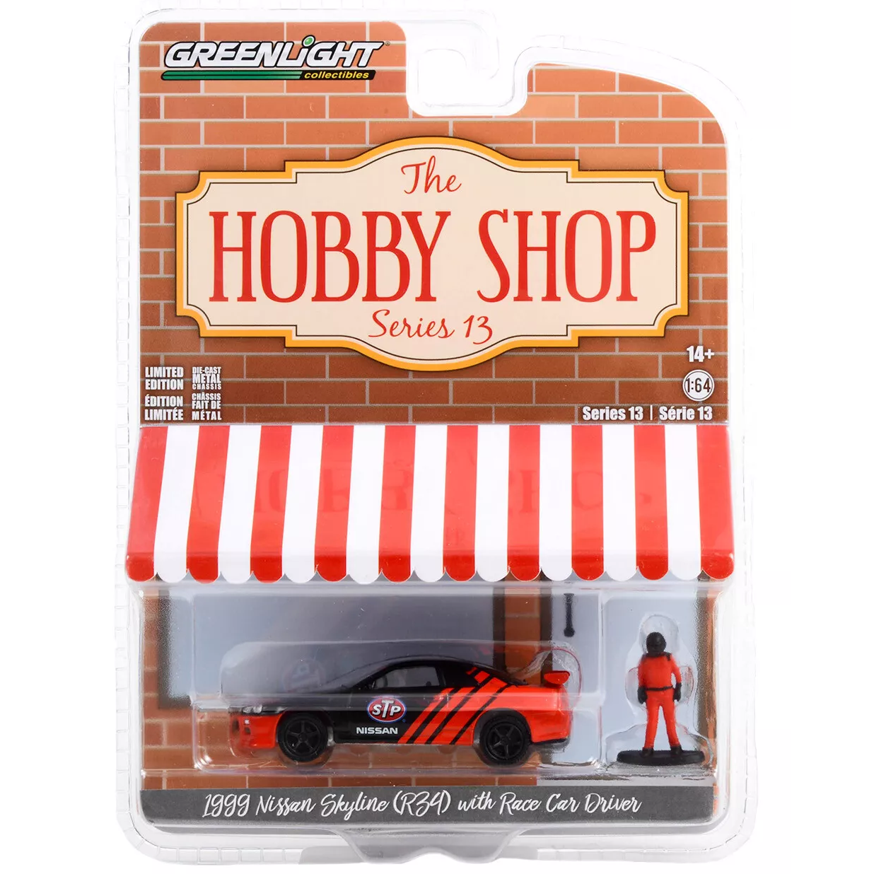 Greenlight 1:64 scale die-cast model of the 1999 Nissan Skyline (R34) with race car driver from Hobby Shop 13