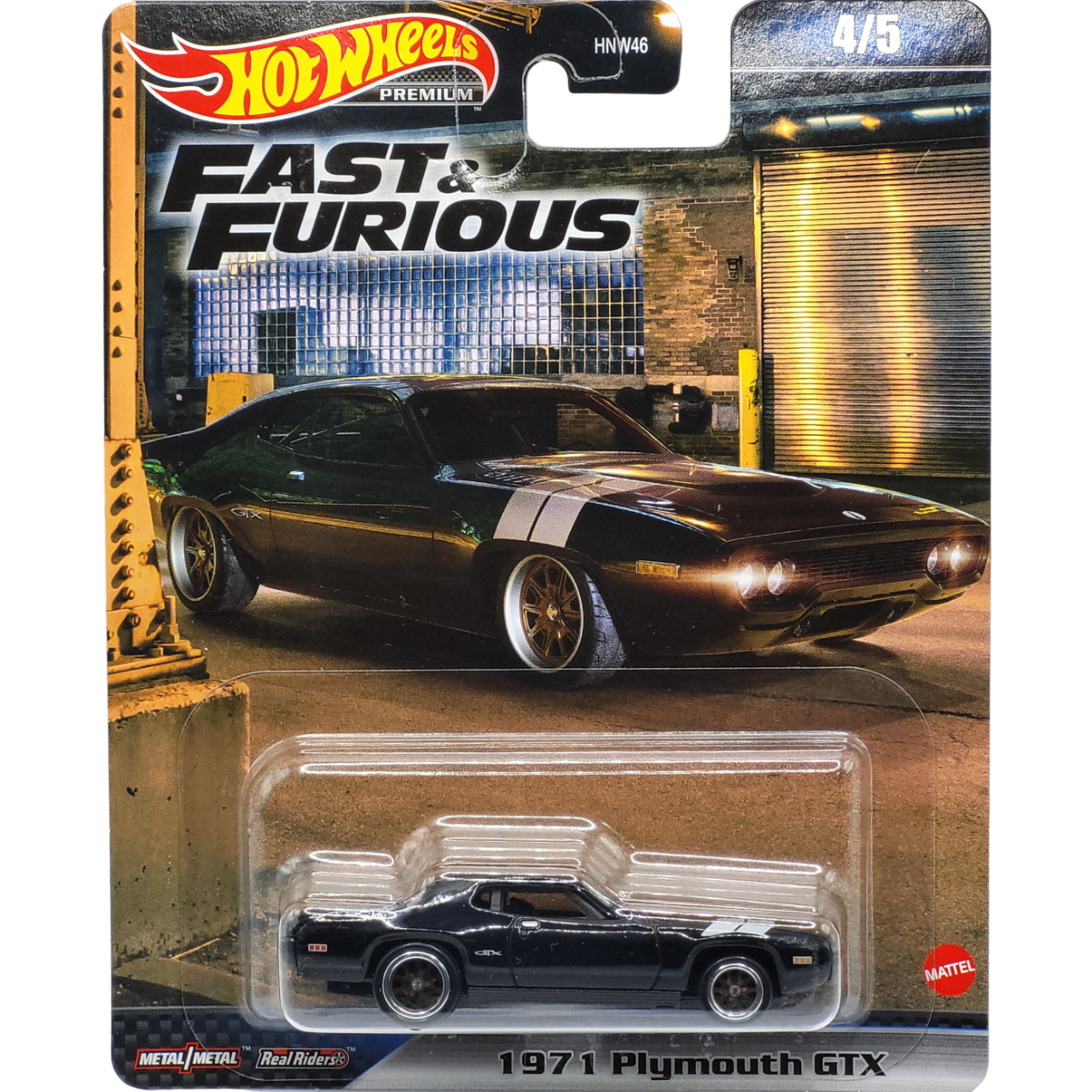 Hot Wheels 1971 Plymouth GTX in metallic blue with racing decals, part of the Premium Fast & Furious series