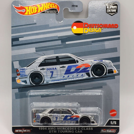 Hot Wheels 1994 AMG-Mercedes C-Class DTM Touring Car in silver with authentic DTM livery, part of the Premium Real Riders Deutschland Design series