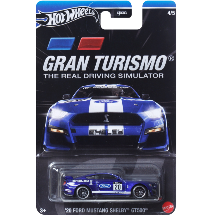 Hot Wheels '20 Ford Mustang Shelby GT500 in blue with racing decals, part of the Gran Turismo series, HRV66