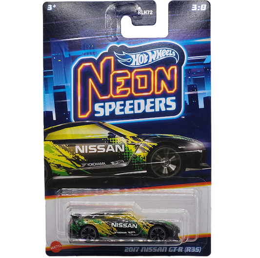 Hot Wheels 2017 Nissan GT-R (R35) in neon blue with detailed accents, part of the Neon Speeders series, HLH75