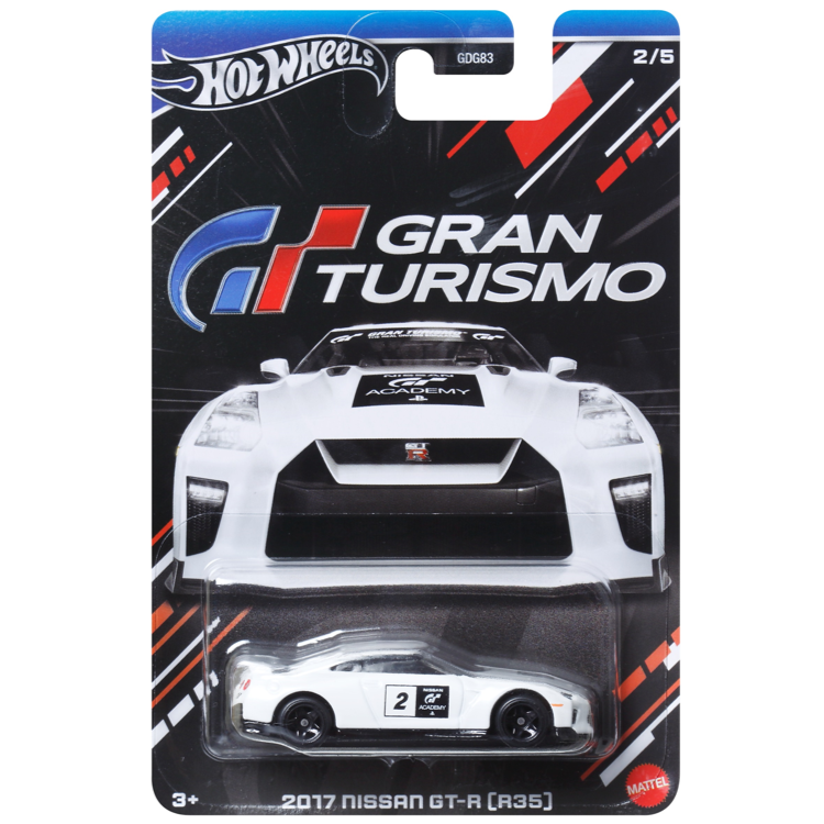 Hot Wheels 2017 Nissan Skyline GT-R (R35) in silver with Gran Turismo decals, part of the Gran Turismo series, HWR61