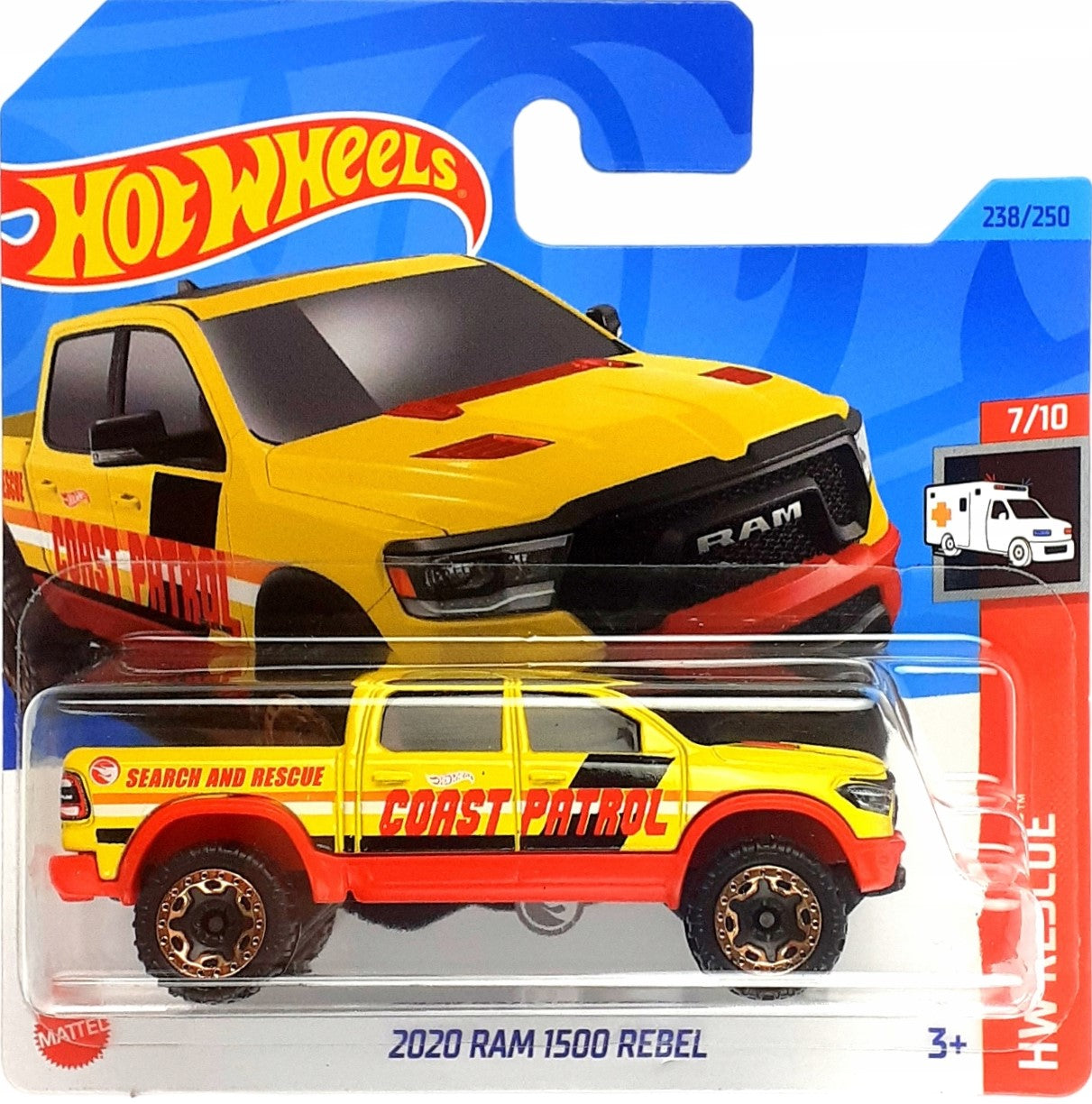 Hot Wheels 2020 RAM 1500 Rebel in red with rescue-themed detailing, part of the HW Rescue series, 238/250 from 2023, Treasure Hunt edition