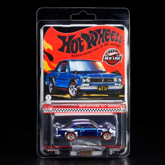 Hot Wheels 1:64 scale 2022 RLC Membership die-cast model of the ’72 Nissan Skyline H/T 2000 GT-R in Spectraflame Race Team blue