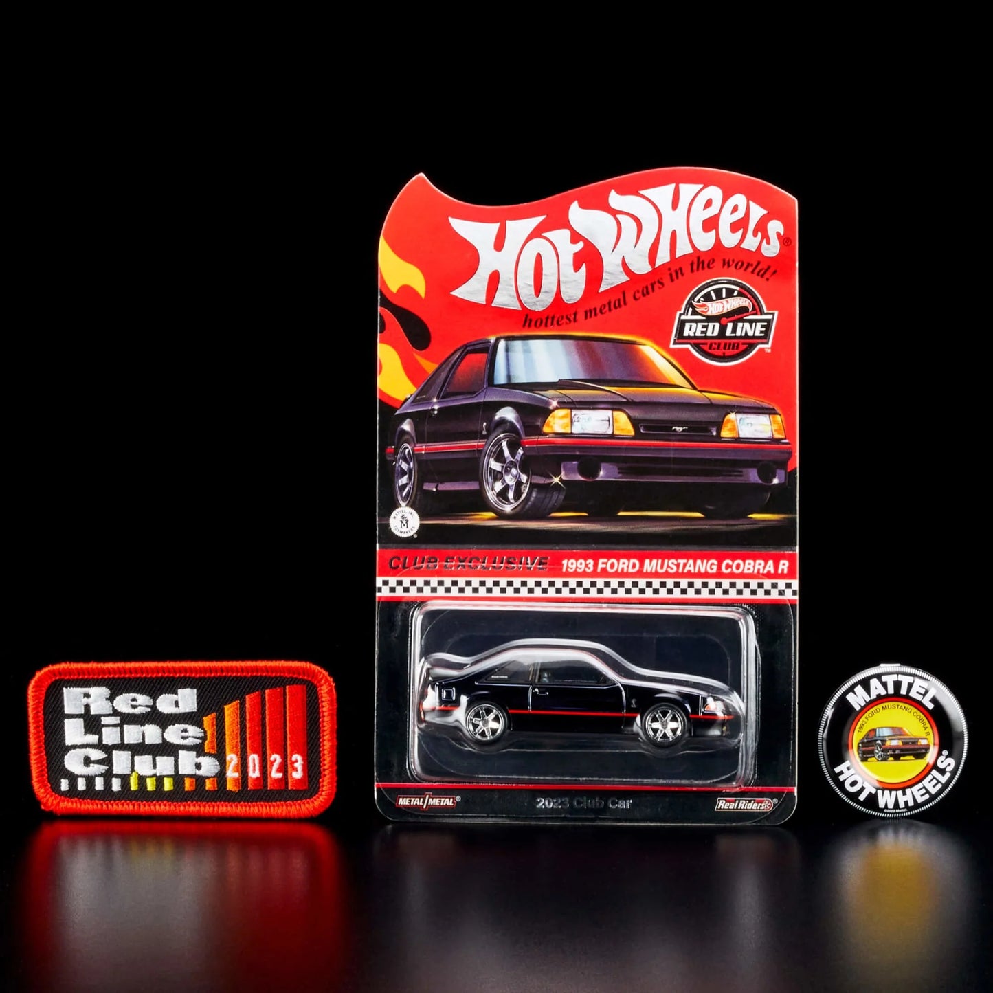 Hot Wheels 1:64 scale die-cast model of the 2023 RLC Membership ’93 Ford Cobra R in Spectraflame black