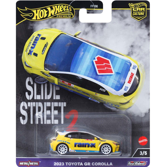 Hot Wheels 2023 Toyota GR Corolla in white with sporty detailing, part of the Premium Street Slide 2 series