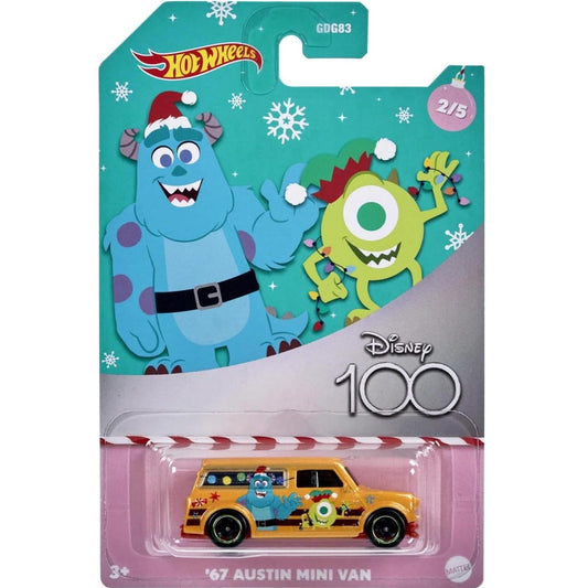 Hot Wheels '67 Austin Mini Van with Monsters Inc. Christmas-themed design, part of the Disney 100th Anniversary series