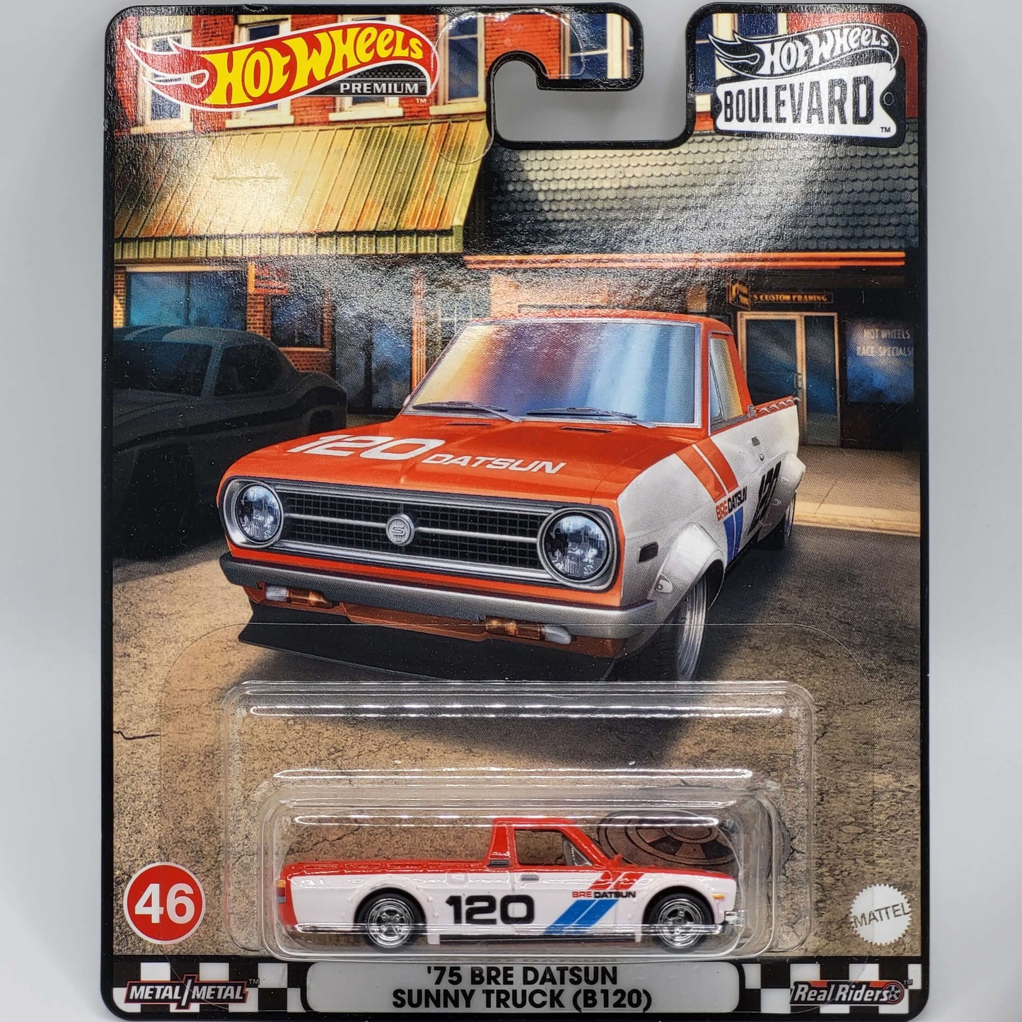 Hot Wheels '75 BRE Datsun Sunny Truck (B120) in white and red with BRE racing livery, part of the Premium Boulevard series