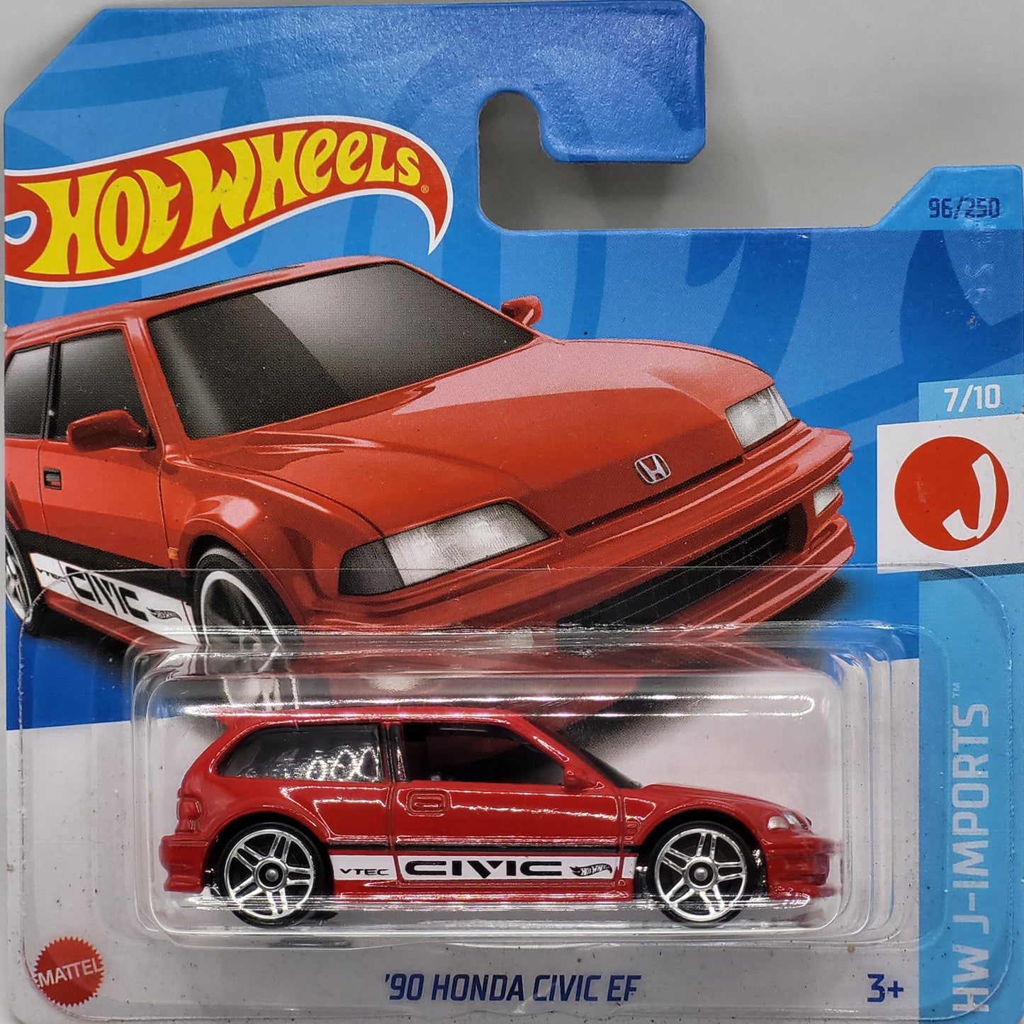 Hot Wheels '90 Honda Civic EF die-cast model in red from the HW J-Imports series, 96/250, 2023.