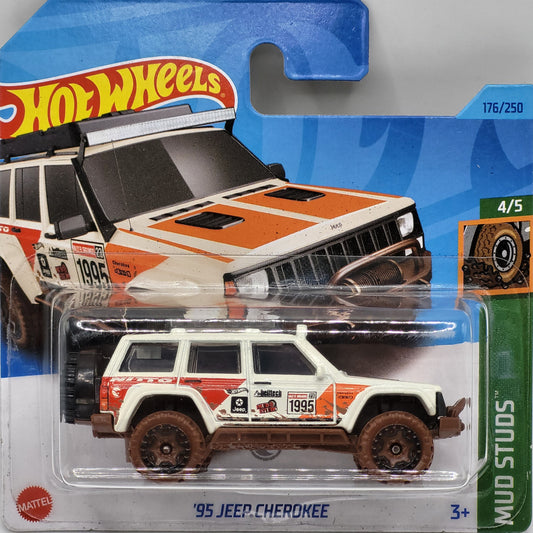 Hot Wheels '95 Jeep Cherokee in green with off-road details, Treasure Hunt edition, part of the Mud Studs series, 178/250 from 2023