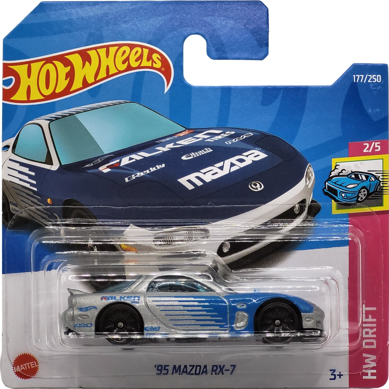 Hot Wheels '95 Mazda RX-7 in blue and green Falken livery, part of the HW Drift series, 177/250 from 2022