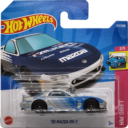 Hot Wheels '95 Mazda RX-7 in blue and green Falken livery, part of the HW Drift series, 177/250 from 2022