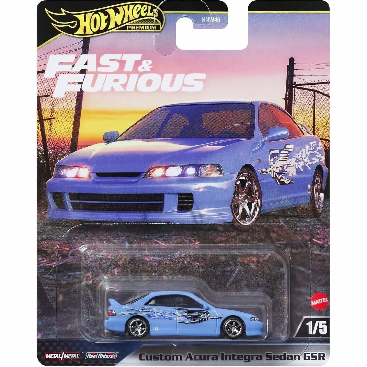 Hot Wheels Custom Acura Integra Sedan GSR in white with detailed graphics, part of the Premium Fast & Furious series