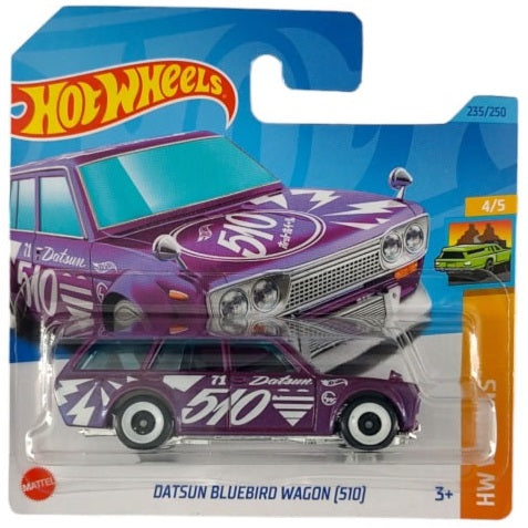 Hot Wheels Datsun Bluebird Wagon in blue with retro detailing, part of the HW Wagons series, 235/250 from 2023