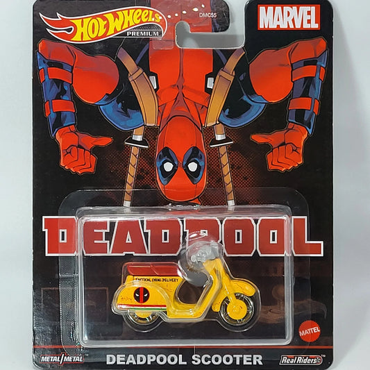 Hot Wheels Deadpool Scooter in red and black with comic-themed detailing, part of the Premium Marvel series