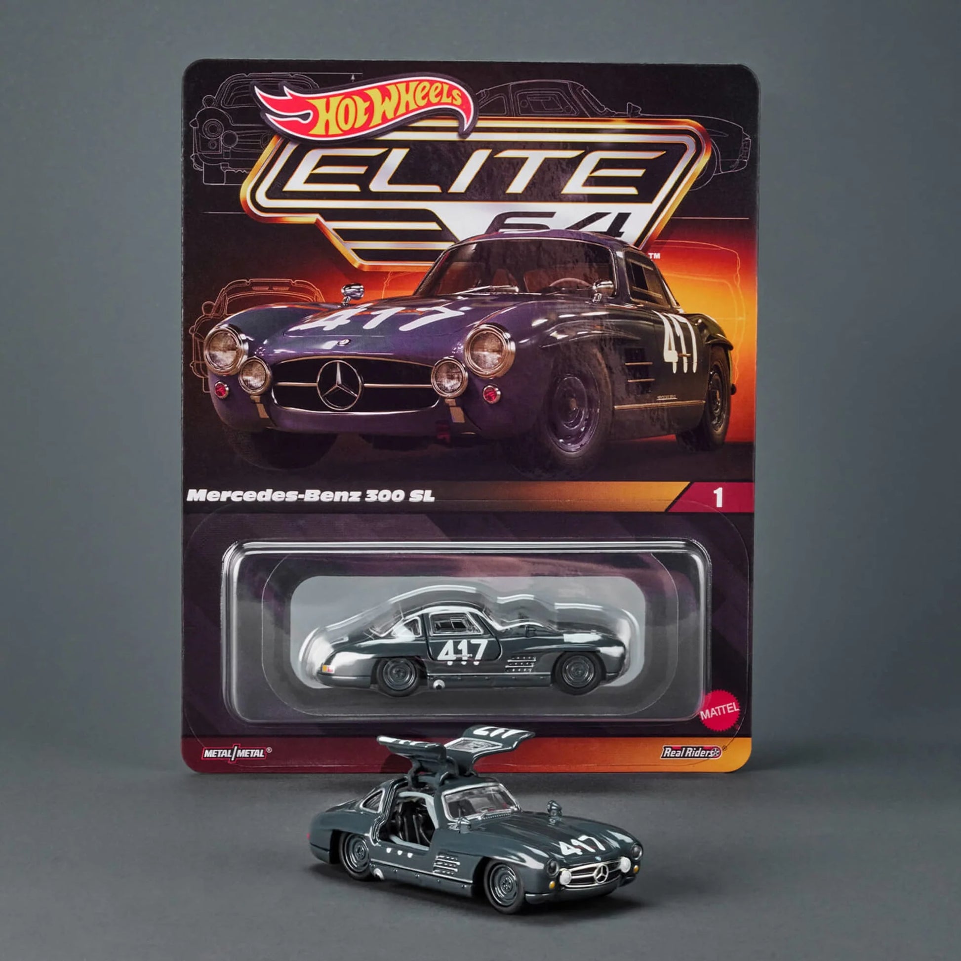 Hot Wheels 1:64 scale Elite 64 die-cast model of the Mercedes-Benz 300 SL in graphite gray with Real Riders wheels and opening gullwing doors.