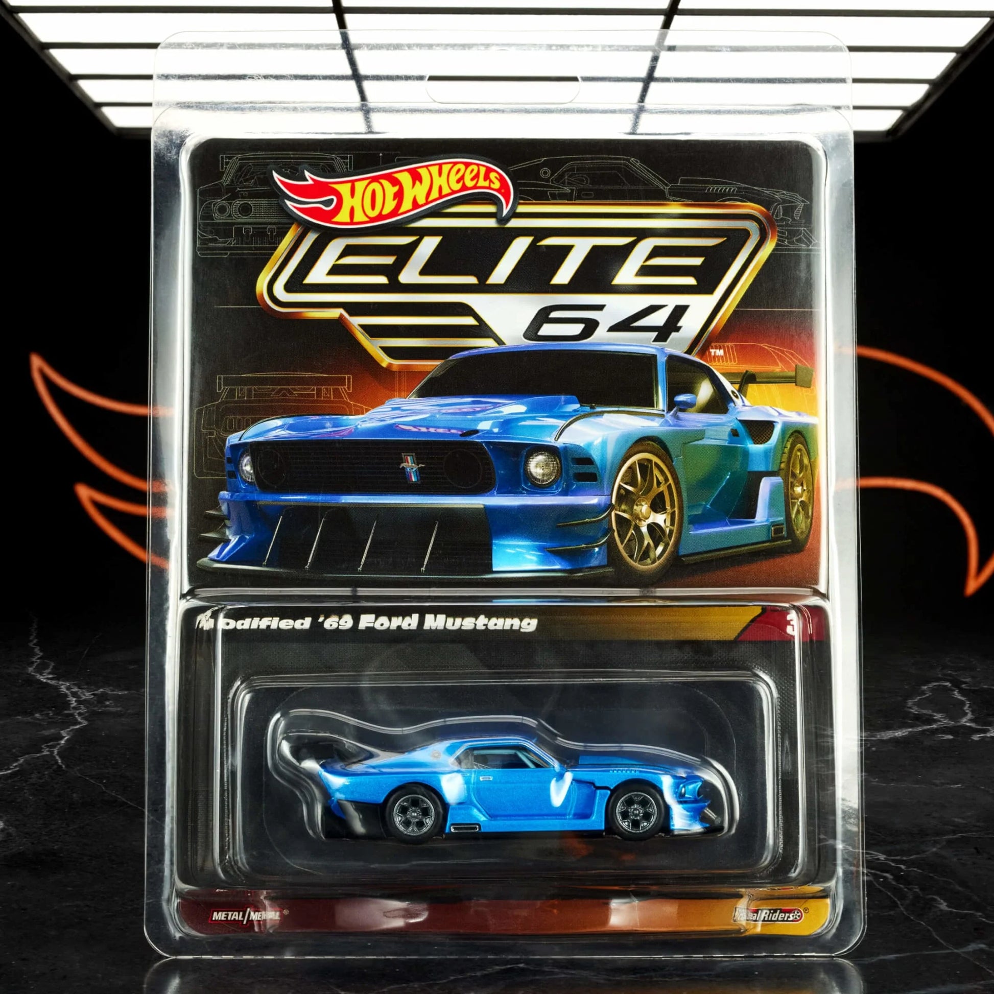 Hot Wheels 1:64 scale Elite 64 die-cast model of the Modified ’69 Ford Mustang in metallic Acapulco blue with Real Riders wheels and removable front end.