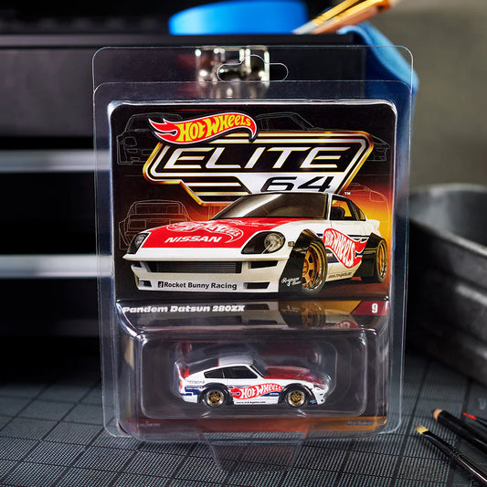 Hot Wheels 1:64 scale Elite 64 die-cast model of the Pandem Datsun 280ZX in white with Real Riders wheels and drift-inspired detailing.