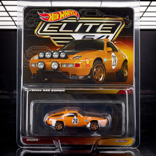 Hot Wheels 1:64 scale Elite 64 die-cast model of the Porsche 928 Safari in orange with off-road modifications