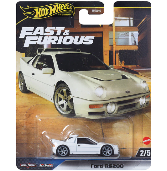 Hot Wheels Ford RS200 in white with racing decals, part of the Premium Fast & Furious series, HNW46