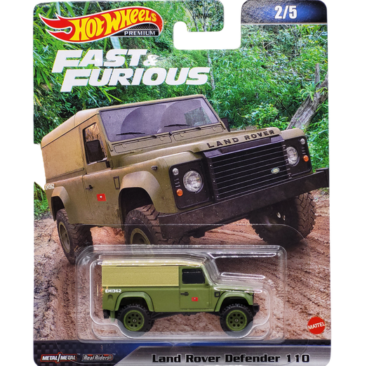 Hot Wheels Land Rover Defender 110 in matte green with rugged off-road details, part of the Premium Fast & Furious series, case HNW46 979D