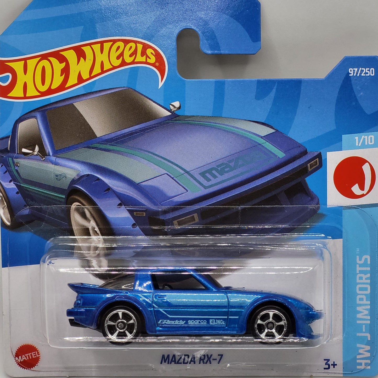 Hot Wheels Mazda RX-7 die-cast model in blue from the HW J-Imports series, 97/250, 2022.