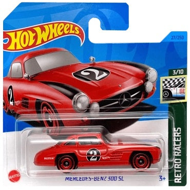 Hot Wheels Mercedes-Benz 300 SL in silver with vintage racing details, part of the Retro Racers series, 27/250 from 2023