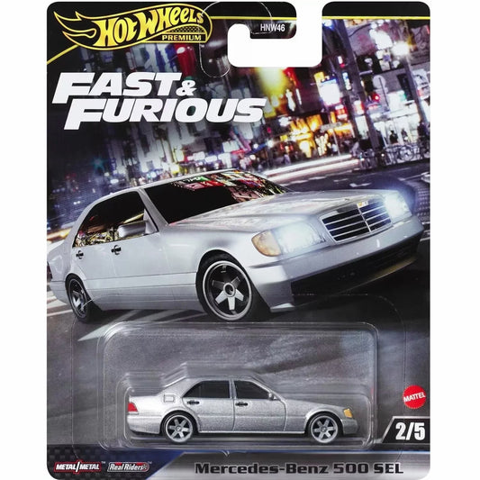 Hot Wheels Mercedes-Benz 500 SEL in silver with detailed trim, part of the Premium Fast & Furious series