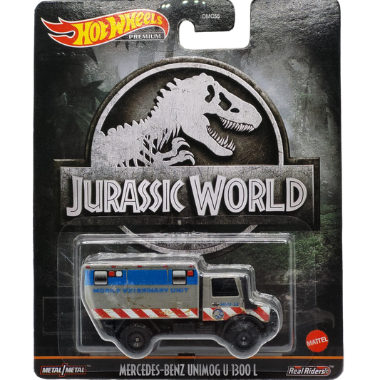 Hot Wheels Mercedes-Benz Unimog U 1300 L in gray with Jurassic World logos, part of the Premium Pop Culture Jurassic World series