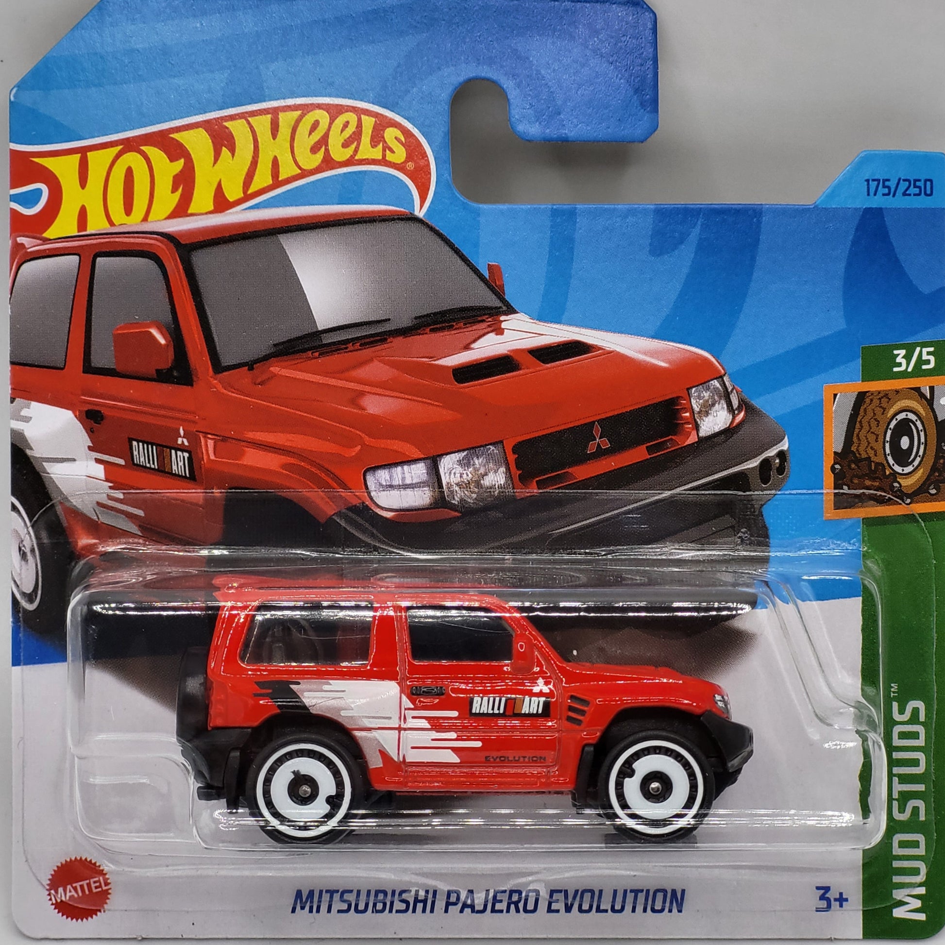 Hot Wheels Mitsubishi Pajero Evolution in red with off-road detailing, part of the Mud Studs series, 175/250 from 2023