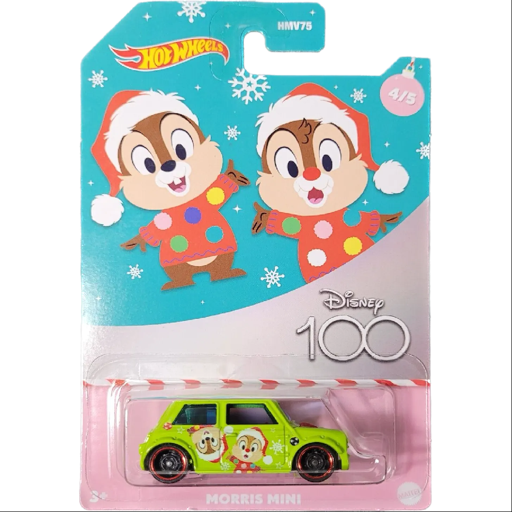 Hot Wheels Morris Mini with Chip & Dale Christmas-themed design, part of the Disney 100 Years Celebration series