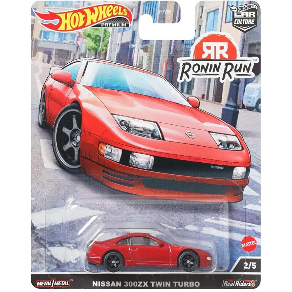 Hot Wheels Nissan 300ZX Twin Turbo in red with detailed graphics, part of the Premium Ronin Run series