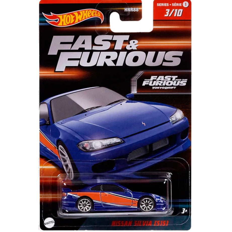 Hot Wheels Nissan Silvia (S15) in silver with blue decals, inspired by Fast & Furious Tokyo Drift