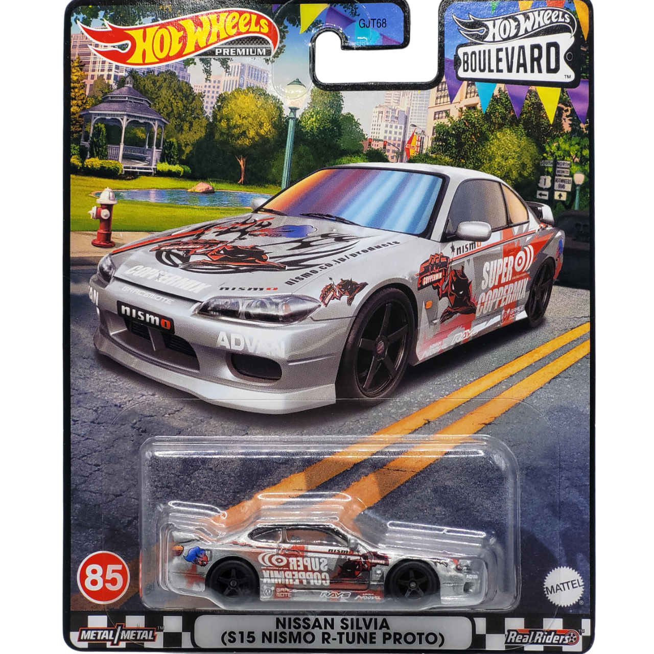 Hot Wheels Nissan Silvia (S15 Nismo R-Tune Proto) in silver with sporty accents, part of the Premium Boulevard series, #85