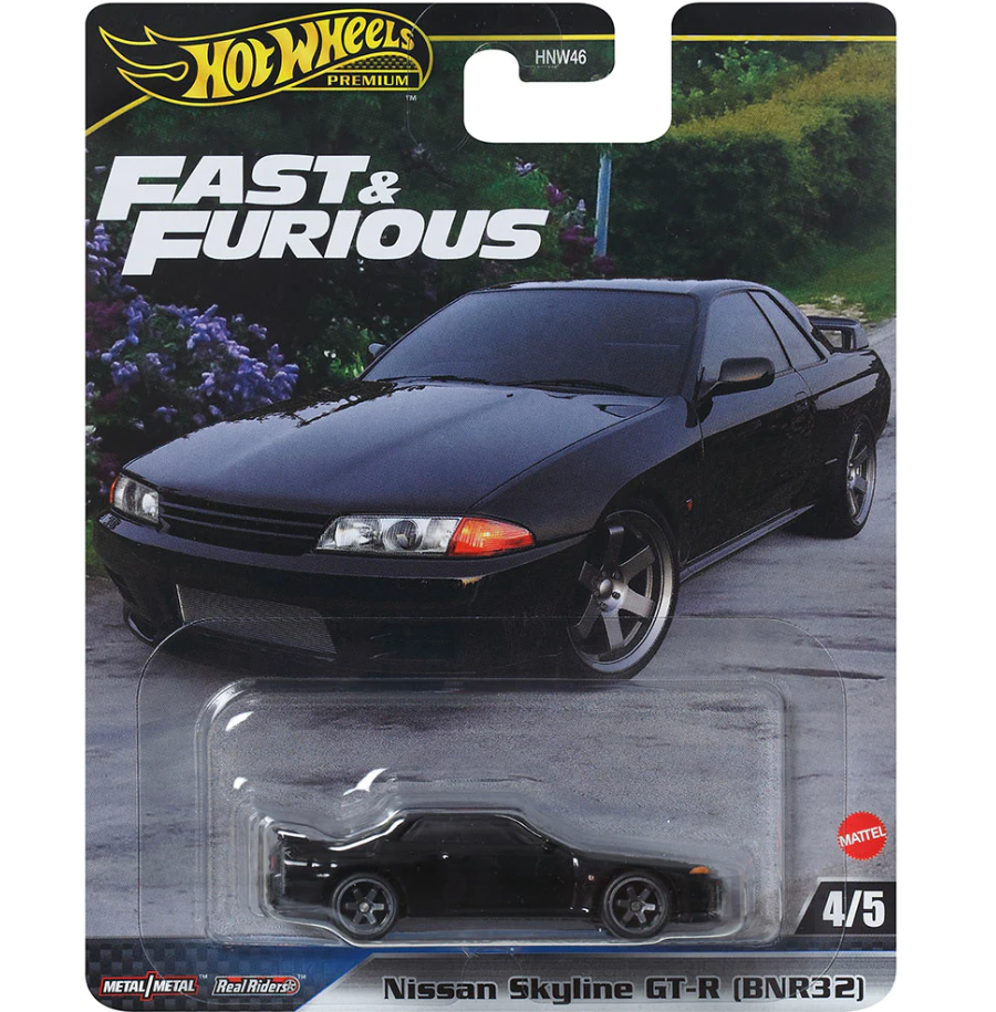 Hot Wheels Nissan Skyline GT-R (BNR32) in silver with detailed trim, part of the Premium Fast & Furious series, HNW46