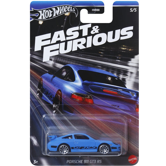 Hot Wheels Porsche 911 GT3 RS in white with racing stripes, part of the Fast & Furious series

