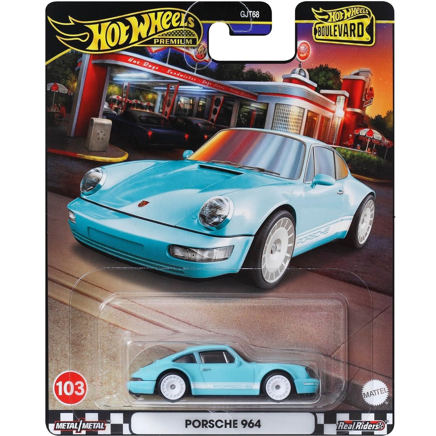 Hot Wheels Porsche 964 in red with detailed headlights, part of the Premium Boulevard series, #103