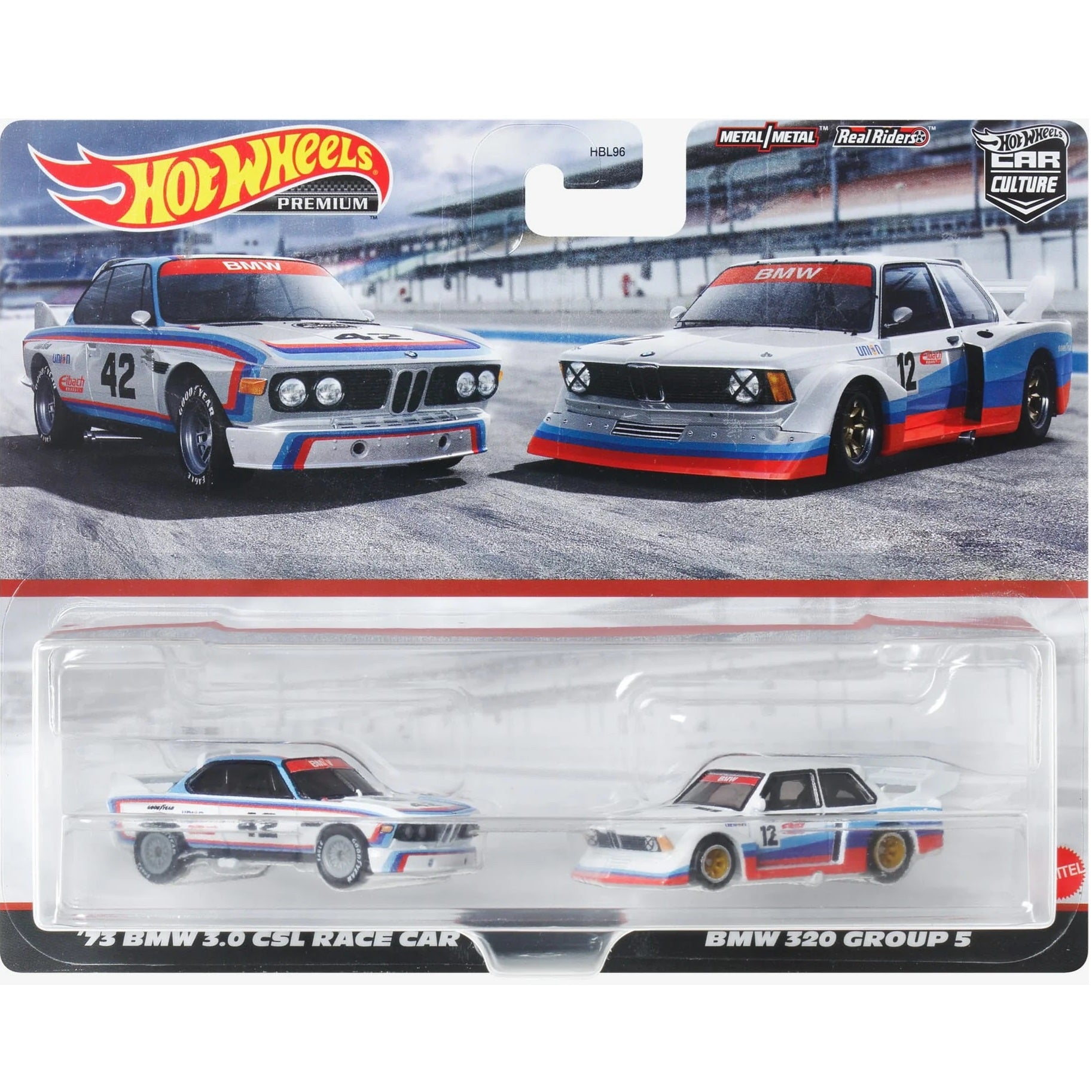 Hot Wheels 1:64 scale Premium Car Culture 2-Pack featuring '73 BMW 3.0 CSL Race Car & BMW 320 Group 5 die-cast models (HBL96 HKF55)