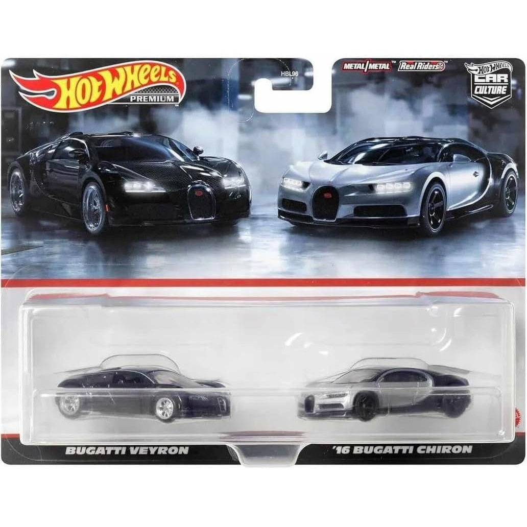 Hot Wheels 1:64 scale Premium Car Culture 2-Pack featuring Bugatti Veyron & '16 Bugatti Chiron die-cast models (HBL96 HKF52)