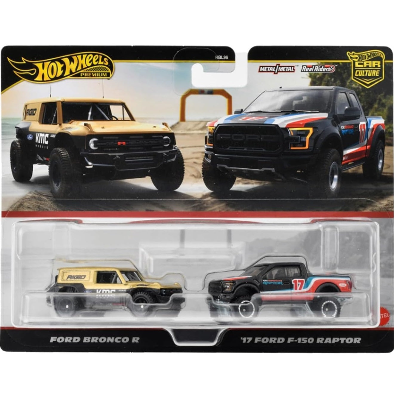 Hot Wheels 1:64 scale Premium Car Culture 2-Pack featuring Ford Bronco R & '17 Ford F-150 Raptor die-cast models (HBL96 HRR77)