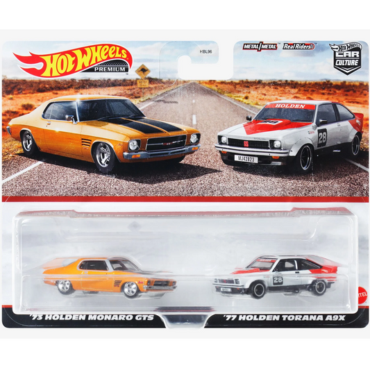 Hot Wheels 1:64 scale Premium Car Culture 2-Pack featuring '73 Holden Monaro GTS & '77 Holden Torana A9X die-cast models (HBL96 HKF50)