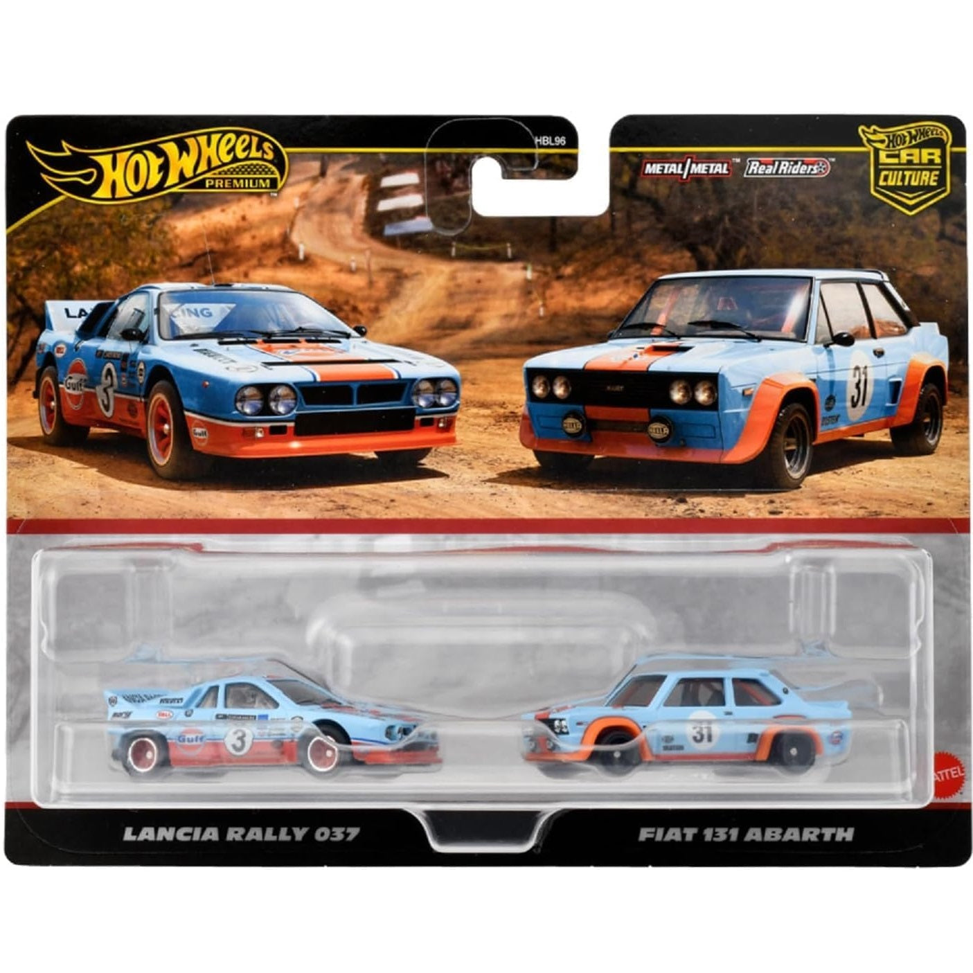 Hot Wheels 1:64 scale Premium Car Culture 2-Pack featuring Lancia Rally 037 and Fiat 131 Abarth die-cast models (HBL96 HRR81)