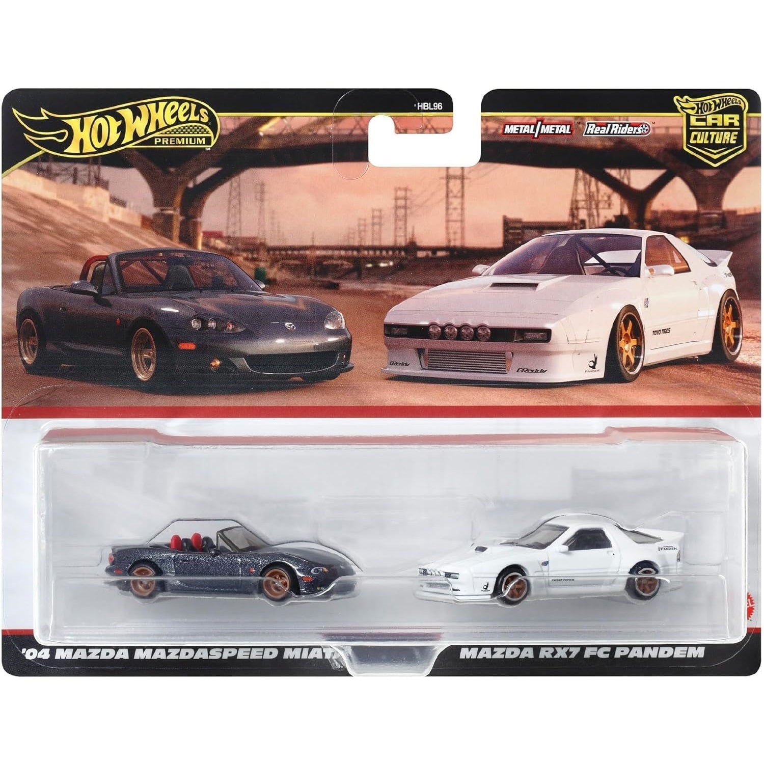 Hot Wheels 1:64 scale Premium Car Culture 2-Pack featuring '04 Mazda Mazdaspeed Miata & Mazda RX-7 FC Pandem die-cast models (HBL96 HRR75)