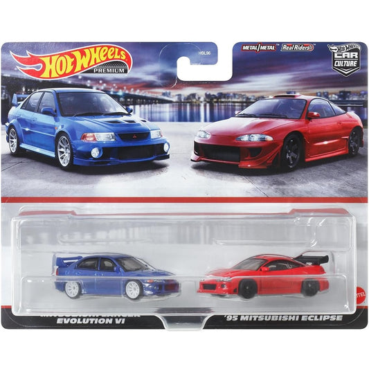 Hot Wheels 1:64 scale Premium Car Culture 2-Pack featuring Mitsubishi Lancer Evolution VI & '95 Mitsubishi Eclipse die-cast models (HBL96 HKF59)