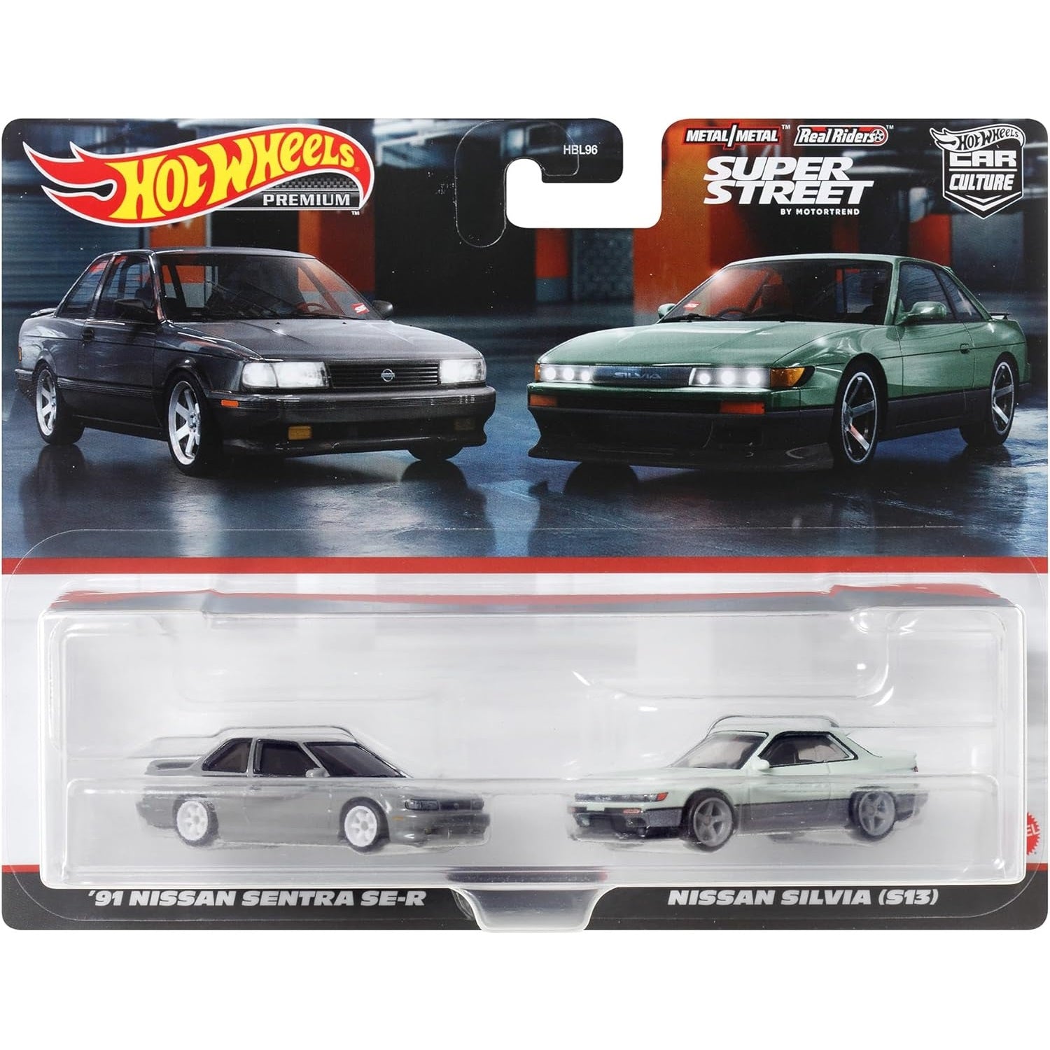 Hot Wheels 1:64 scale Premium Car Culture 2-Pack featuring '91 Nissan Sentra SE-R & Nissan Silvia (S13) die-cast models (HBL96 HYF04)