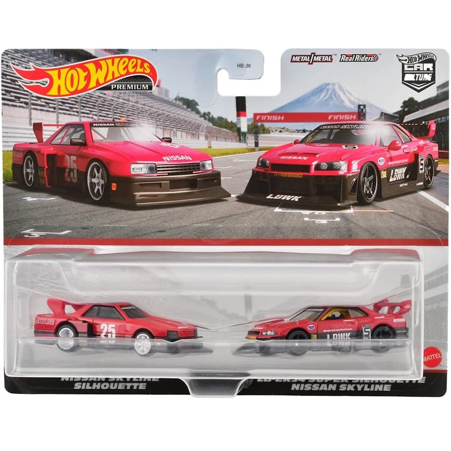 Hot Wheels 1:64 scale Premium Car Culture 2-Pack featuring Nissan Skyline Silhouette & LB-ER34 Super Silhouette Nissan Skyline die-cast models (HBL96 HKF49)