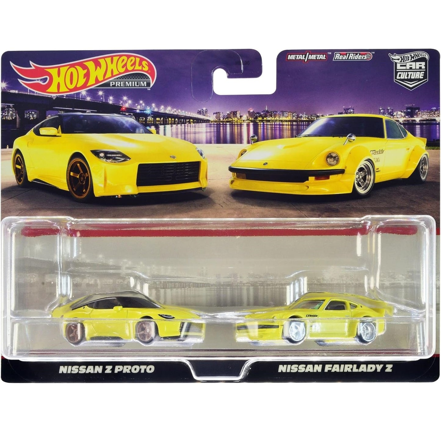 Hot Wheels 1:64 scale Premium Car Culture 2-Pack featuring Nissan Z Proto & Nissan Fairlady Z die-cast models (HBL96 HFF33)