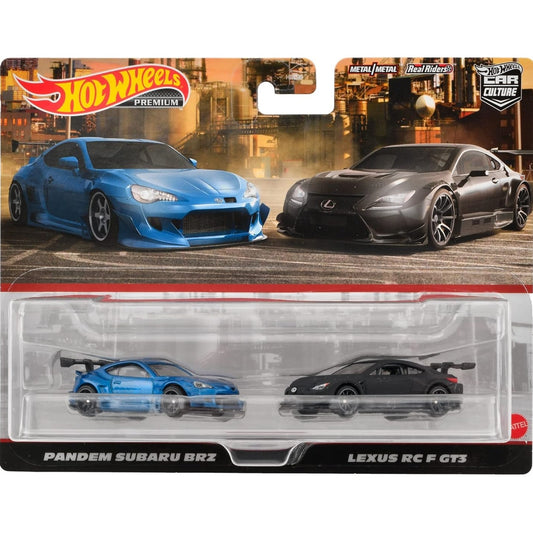 Hot Wheels 1:64 scale Premium Car Culture 2-Pack featuring Pandem Subaru BRZ & Lexus RC F GT3 die-cast models (HBL96 HKF51)